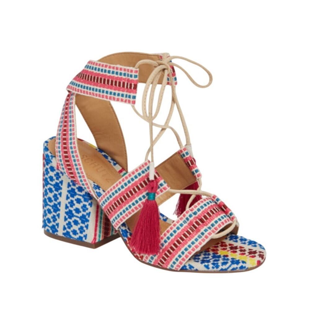 Schutz Emilen Embroidered Tassel Lace-Up Block Heel Sandal Size 8.5